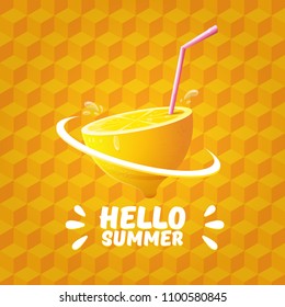 Vector Hello Summer Beach Party Flyer Design template with fresh lemon isolated on orange isometric pattern background. Hello summer concept label or poster with orange fruit and typographic text.