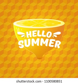 Vector Hello Summer Beach Party Flyer Design template with fresh lemon isolated on orange isometric pattern background. Hello summer concept label or poster with orange fruit and typographic text.