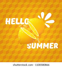 Vector Hello Summer Beach Party Flyer Design template with fresh lemon isolated on orange isometric pattern background. Hello summer concept label or poster with orange fruit and typographic text.