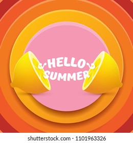 Vector Hello Summer Beach Party Flyer Design template with fresh lemon isolated on abstract circle orange background. Hello summer concept label or poster with orange fruit and text.
