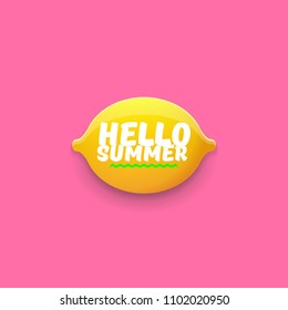 Vector Hello Summer Beach Party Flyer Design template with fresh lemon isolated on soft pink background. Hello summer concept label or poster with orange fruit and typographic text.