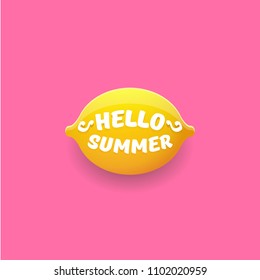 Vector Hello Summer Beach Party Flyer Design template with fresh lemon isolated on soft pink background. Hello summer concept label or poster with orange fruit and typographic text.