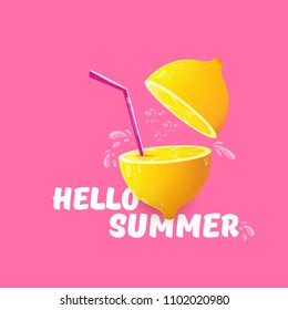 Vector Hello Summer Beach Party Flyer Design template with fresh lemon isolated on soft pink background. Hello summer concept label or poster with orange fruit and typographic text.