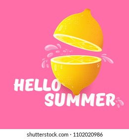 Vector Hello Summer Beach Party Flyer Design template with fresh lemon isolated on soft pink background. Hello summer concept label or poster with orange fruit and typographic text.