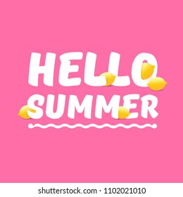 Vector Hello Summer Beach Party Flyer Design template with fresh lemon isolated on soft pink background. Hello summer concept label or poster with orange fruit and typographic text.