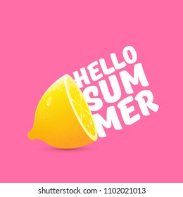 Vector Hello Summer Beach Party Flyer Design template with fresh lemon isolated on soft pink background. Hello summer concept label or poster with orange fruit and typographic text.