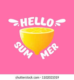 Vector Hello Summer Beach Party Flyer Design template with fresh lemon isolated on soft pink background. Hello summer concept label or poster with orange fruit and typographic text.
