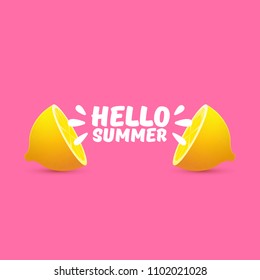 Vector Hello Summer Beach Party Flyer Design template with fresh lemon isolated on soft pink background. Hello summer concept label or poster with orange fruit and typographic text.