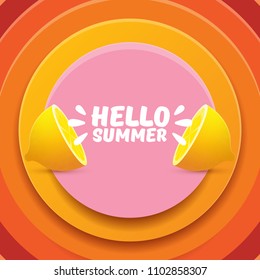 Vector Hello Summer Beach Party Flyer Design template with fresh lemon isolated on abstract circle orange background. Hello summer concept label or poster with orange fruit and text.