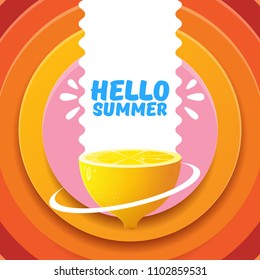 Vector Hello Summer Beach Party Flyer Design template with fresh lemon isolated on abstract circle orange background. Hello summer concept label or poster with orange fruit and text.