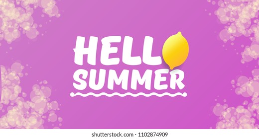 Vector Hello Summer Beach Party horizontal banner Design template with fresh lemon isolated on violet background. Hello summer concept label or poster with orange fruit and typographic text.