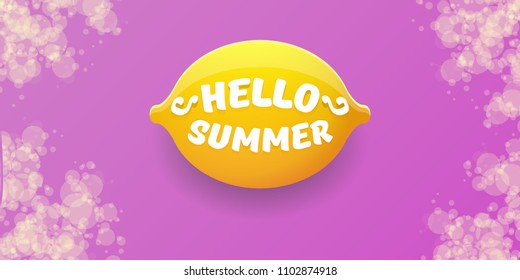 Vector Hello Summer Beach Party horizontal banner Design template with fresh lemon isolated on violet background. Hello summer concept label or poster with orange fruit and typographic text.