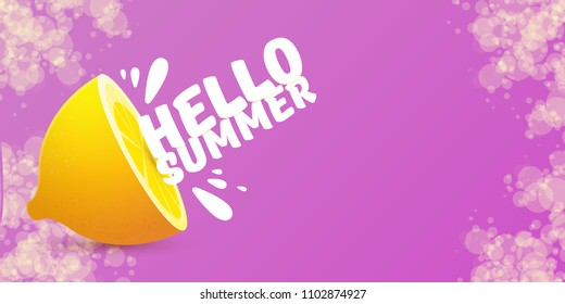 Vector Hello Summer Beach Party horizontal banner Design template with fresh lemon isolated on violet background. Hello summer concept label or poster with orange fruit and typographic text.