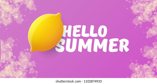 Vector Hello Summer Beach Party horizontal banner Design template with fresh lemon isolated on violet background. Hello summer concept label or poster with orange fruit and typographic text.