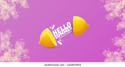 Vector Hello Summer Beach Party horizontal banner Design template with fresh lemon isolated on violet background. Hello summer concept label or poster with orange fruit and typographic text.