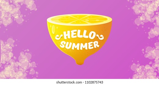 Vector Hello Summer Beach Party horizontal banner Design template with fresh lemon isolated on violet background. Hello summer concept label or poster with orange fruit and typographic text.