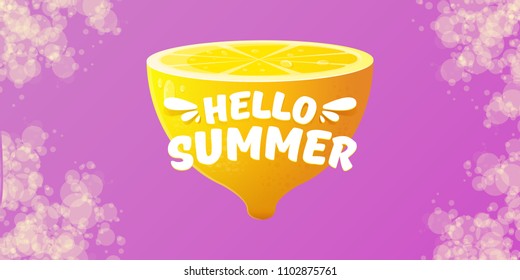 Vector Hello Summer Beach Party horizontal banner Design template with fresh lemon isolated on violet background. Hello summer concept label or poster with orange fruit and typographic text.