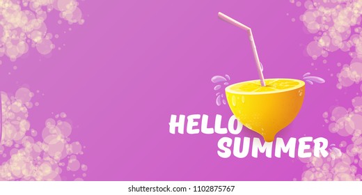 Vector Hello Summer Beach Party horizontal banner Design template with fresh lemon isolated on violet background. Hello summer concept label or poster with orange fruit and typographic text.