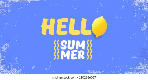 Vector Hello Summer Beach Party horizontal banner Design template with fresh lemon isolated on blue sky background. Hello summer concept label or poster with orange fruit and typographic text.