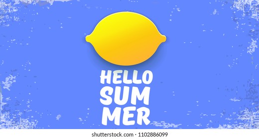 Vector Hello Summer Beach Party horizontal banner Design template with fresh lemon isolated on blue sky background. Hello summer concept label or poster with orange fruit and typographic text.