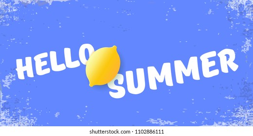 Vector Hello Summer Beach Party horizontal banner Design template with fresh lemon isolated on blue sky background. Hello summer concept label or poster with orange fruit and typographic text.