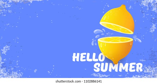Vector Hello Summer Beach Party horizontal banner Design template with fresh lemon isolated on blue sky background. Hello summer concept label or poster with orange fruit and typographic text.