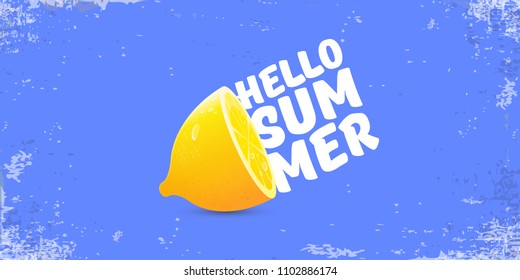 Vector Hello Summer Beach Party horizontal banner Design template with fresh lemon isolated on blue sky background. Hello summer concept label or poster with orange fruit and typographic text.