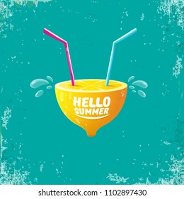 Vector Hello Summer Beach Party Flyer Design template with fresh lemon isolated on azure or torquoise background. Hello summer concept label or poster with orange fruit and typographic text.