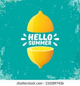 Vector Hello Summer Beach Party Flyer Design template with fresh lemon isolated on azure or torquoise background. Hello summer concept label or poster with orange fruit and typographic text.