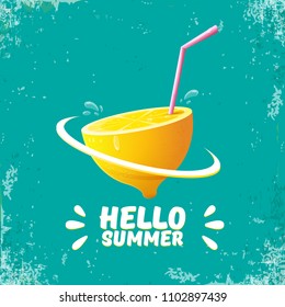 Vector Hello Summer Beach Party Flyer Design template with fresh lemon isolated on azure or torquoise background. Hello summer concept label or poster with orange fruit and typographic text.