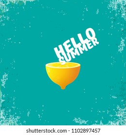 Vector Hello Summer Beach Party Flyer Design template with fresh lemon isolated on azure or torquoise background. Hello summer concept label or poster with orange fruit and typographic text.