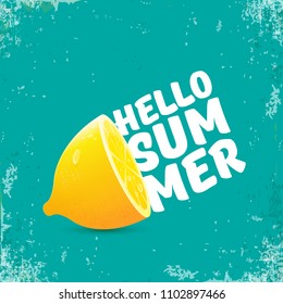 Vector Hello Summer Beach Party Flyer Design template with fresh lemon isolated on azure or torquoise background. Hello summer concept label or poster with orange fruit and typographic text.