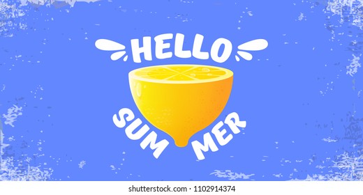 Vector Hello Summer Beach Party horizontal banner Design template with fresh lemon isolated on blue sky background. Hello summer concept label or poster with orange fruit and typographic text.