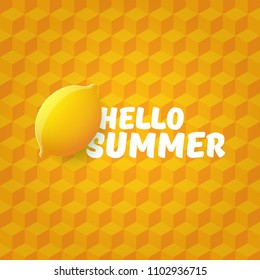 Vector Hello Summer Beach Party Flyer Design template with fresh lemon isolated on orange isometric pattern background. Hello summer concept label or poster with orange fruit and typographic text.