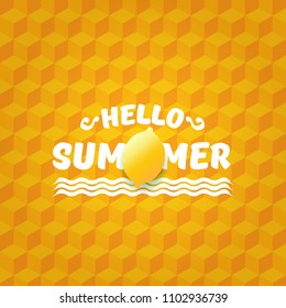 Vector Hello Summer Beach Party Flyer Design template with fresh lemon isolated on orange isometric pattern background. Hello summer concept label or poster with orange fruit and typographic text.