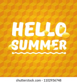 Vector Hello Summer Beach Party Flyer Design template with fresh lemon isolated on orange isometric pattern background. Hello summer concept label or poster with orange fruit and typographic text.