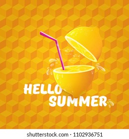 Vector Hello Summer Beach Party Flyer Design template with fresh lemon isolated on orange isometric pattern background. Hello summer concept label or poster with orange fruit and typographic text.