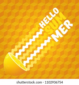 Vector Hello Summer Beach Party Flyer Design template with fresh lemon isolated on orange isometric pattern background. Hello summer concept label or poster with orange fruit and typographic text.