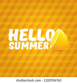 Vector Hello Summer Beach Party Flyer Design template with fresh lemon isolated on orange isometric pattern background. Hello summer concept label or poster with orange fruit and typographic text.