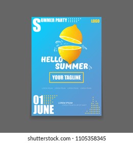 Vector Hello Summer Beach Party vertical A4 poster Design template or mock up with fresh lemon on blue background with text. Hello summer concept label or flyer with orange fruit and typographic text.