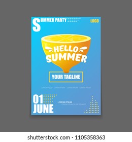 Vector Hello Summer Beach Party vertical A4 poster Design template or mock up with fresh lemon on blue background with text. Hello summer concept label or flyer with orange fruit and typographic text.