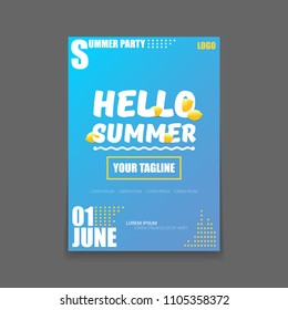 Vector Hello Summer Beach Party vertical A4 poster Design template or mock up with fresh lemon on blue background with text. Hello summer concept label or flyer with orange fruit and typographic text.