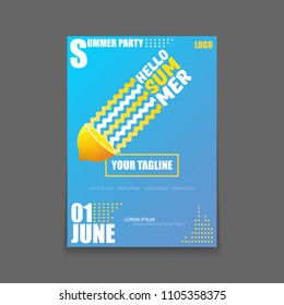 Vector Hello Summer Beach Party vertical A4 poster Design template or mock up with fresh lemon on blue background with text. Hello summer concept label or flyer with orange fruit and typographic text.