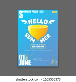 Vector Hello Summer Beach Party vertical A4 poster Design template or mock up with fresh lemon on blue background with text. Hello summer concept label or flyer with orange fruit and typographic text.