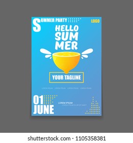 Vector Hello Summer Beach Party vertical A4 poster Design template or mock up with fresh lemon on blue background with text. Hello summer concept label or flyer with orange fruit and typographic text.