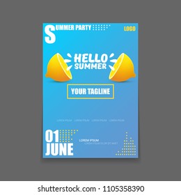 Vector Hello Summer Beach Party vertical A4 poster Design template or mock up with fresh lemon on blue background with text. Hello summer concept label or flyer with orange fruit and typographic text.