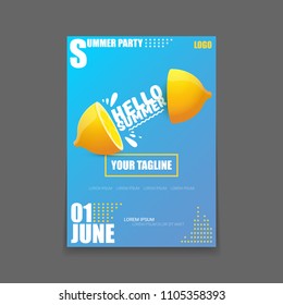 Vector Hello Summer Beach Party vertical A4 poster Design template or mock up with fresh lemon on blue background with text. Hello summer concept label or flyer with orange fruit and typographic text.