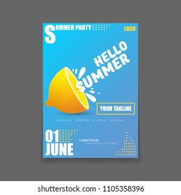Vector Hello Summer Beach Party vertical A4 poster Design template or mock up with fresh lemon on blue background with text. Hello summer concept label or flyer with orange fruit and typographic text.