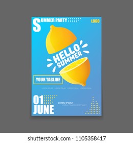 Vector Hello Summer Beach Party vertical A4 poster Design template or mock up with fresh lemon on blue background with text. Hello summer concept label or flyer with orange fruit and typographic text.
