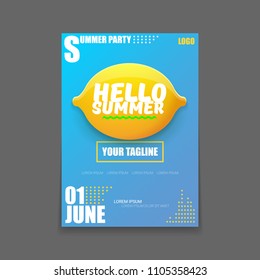 Vector Hello Summer Beach Party vertical A4 poster Design template or mock up with fresh lemon on blue background with text. Hello summer concept label or flyer with orange fruit and typographic text.